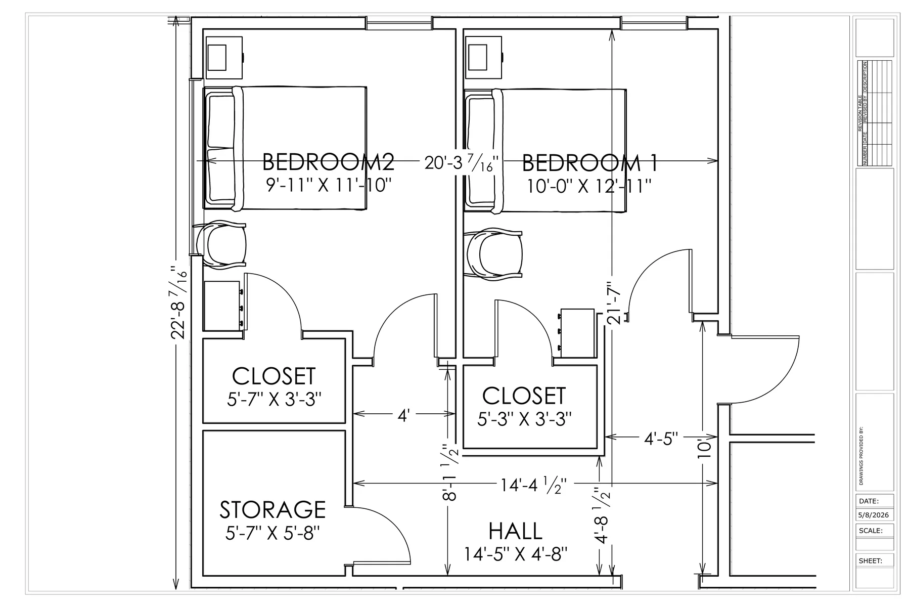 Dimensioned layout drawing showing recommended and alternate bedroom layouts